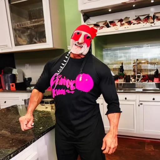 Prompt: Hulk Hogan baking cookies with a pink apron