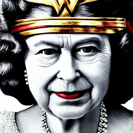 Image similar to The Queen Elizabeth II as wonder woman, photorealism, detailed, square