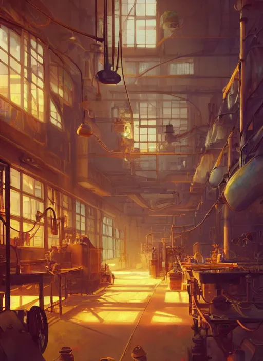 Image similar to beautiful interior of a small steampunk factory, artgerm, james gilleard, delphin enjolras, goro fujita, makoto shinkai, paul lehr, exquisite lighting, octane render, very coherent, trending on artstation