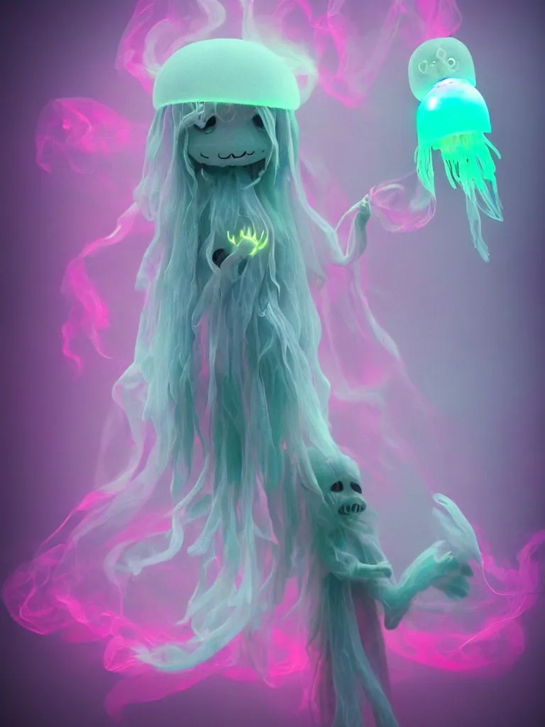 Image similar to cute fumo plush smiling ectoplasmic gothic jellyfish ghost girl, dancing on a foggy riverbank, glowing pink wisps of hazy green smoke, glowing lens flare, refraction, vray