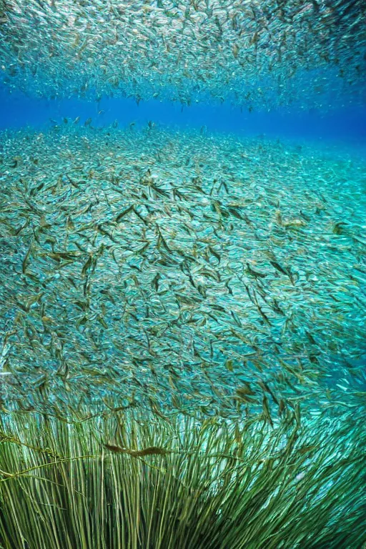 Prompt: beautiful photo of a shoal of herring swimming amongst seagrass underwater in clear water