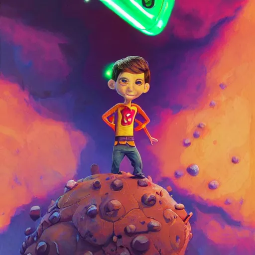 Prompt: a skinny young man with brown hair and glowing green eyes as a super hero, pixar cute, highly detailed, sharp focus, neon color, digital painting, floating particles, excitement, artwork by Jeremiah Ketner + Mati Klarwein + Fintan Magee + Chris Mars, background artwork by greg rutkowski