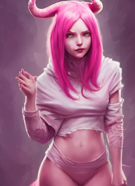 Prompt: a highly detailed illustration of cute smug pink haired pale demon girl with curved horns wearing oversized pink hoodie, dramatic smirk pose, intricate, elegant, highly detailed, centered, digital painting, artstation, concept art, smooth, sharp focus, league of legends concept art, wlop.