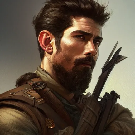 Image similar to portrait of a rugged male ranger looking back, masculine, D&D, muscular, fantasy, intricate, elegant, highly detailed, digital painting, artstation, concept art, smooth, sharp focus, illustration, art by artgerm and greg rutkowski and alphonse mucha