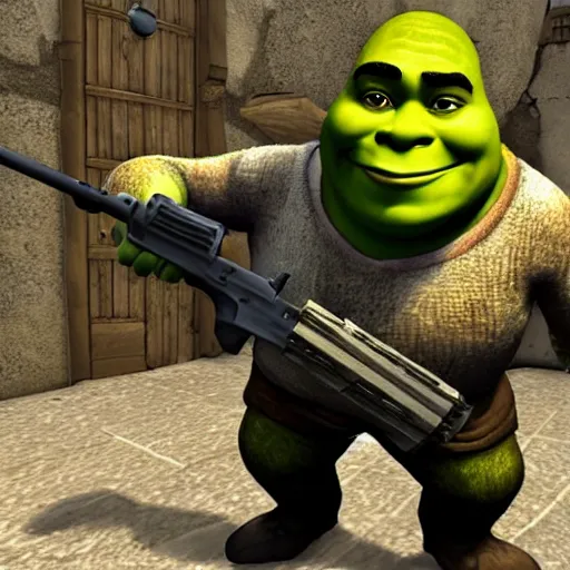 Prompt: shrek in the style of counter strike on de _ dust 2 holding a rifle
