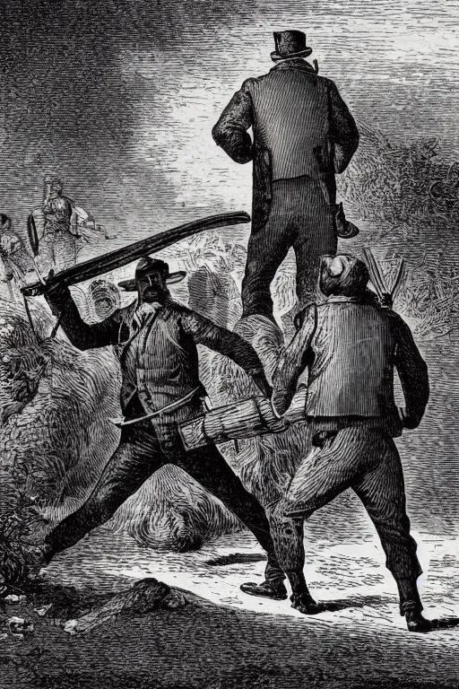 Image similar to 19th century wood-engraving of a British man point a musket at the back standing with his back turned to the viewer, mammoth running away in the background, whole page illustration from Jules Verne book, art by Édouard Riou Jules Férat and Henri de Montaut, high quality, beautiful, removed watermarks