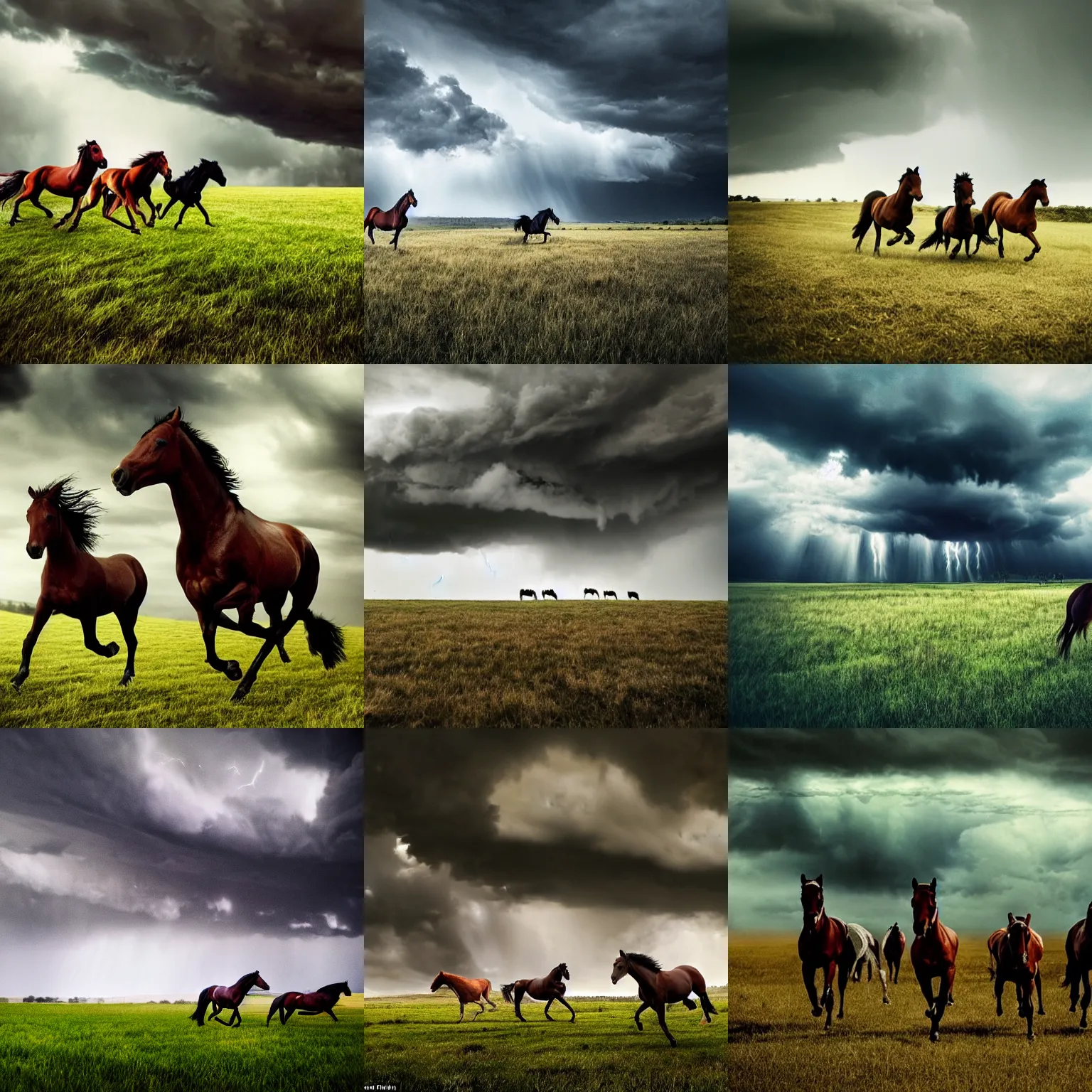 Prompt: epic scene, tense moment, intense, horses running, storm coming, dark sky, very tall grass, wind blowing, cinematic shot