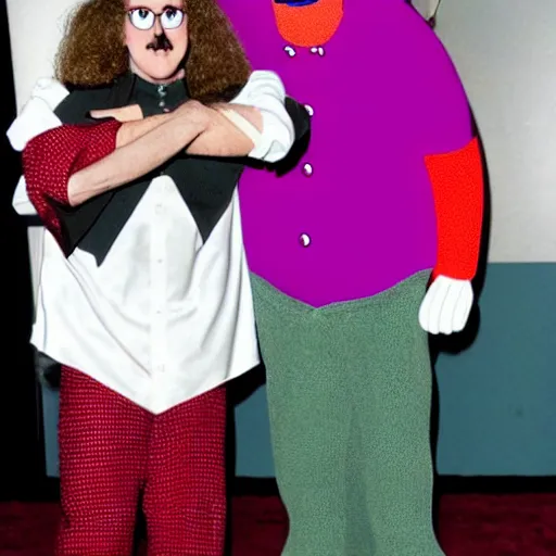 Prompt: weird al with a ventriloquist puppet of barney the dinosaur