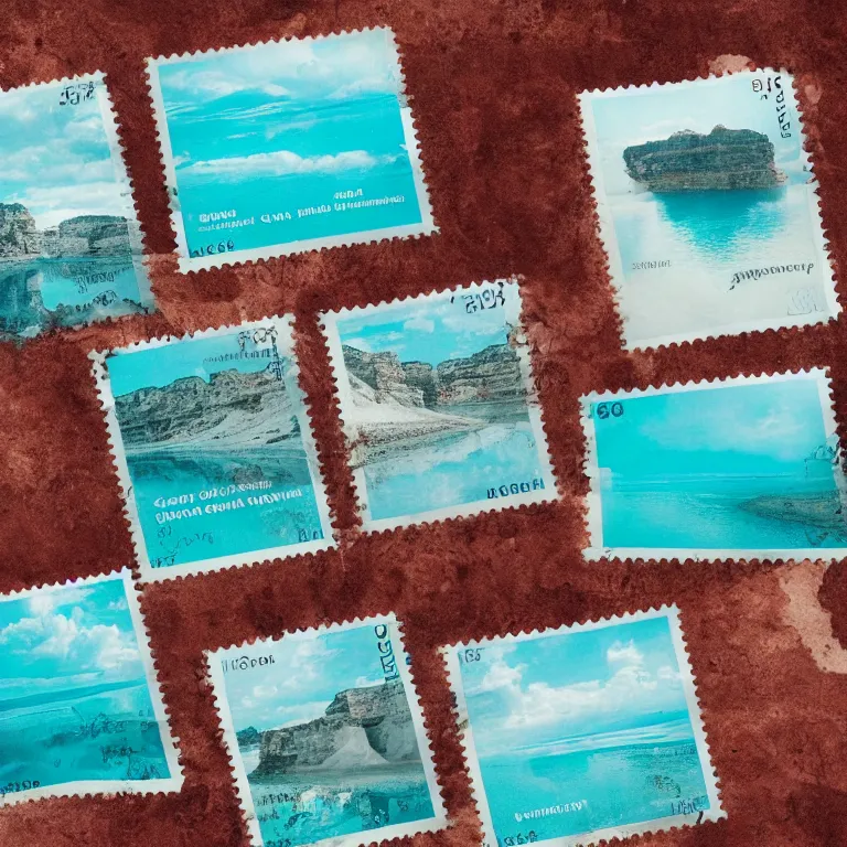 Image similar to stamps of a turquoise canyon, film, soft lighting, album art