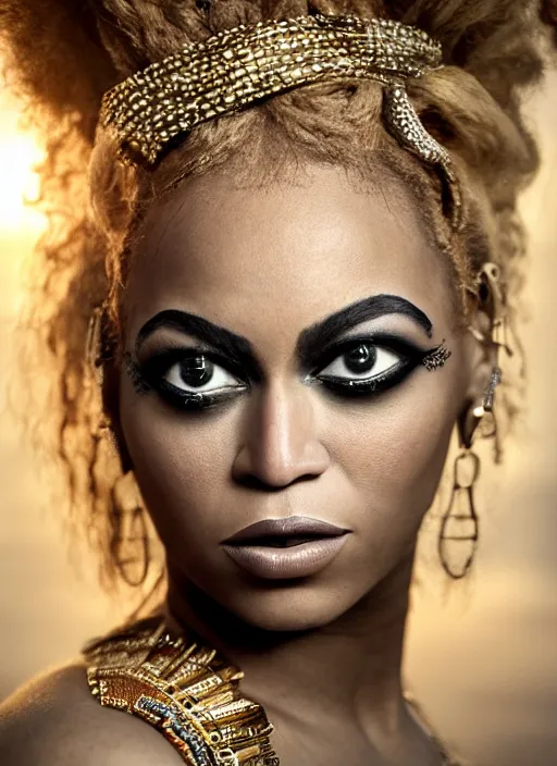 Image similar to photographic portrait of a stunningly beautiful renaissance beyonce with celtic tribal makeup in soft dreamy light at sunset, blonde hair, contemporary fashion shoot, by edward robert hughes, annie leibovitz and steve mccurry, david lazar, jimmy nelsson, breathtaking, 8 k resolution, extremely detailed, beautiful, establishing shot, artistic, hyperrealistic, beautiful face, octane render