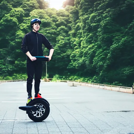 Prompt: man standing on electric onewheel unicycle scooter, man in naruto run pose, gopro, sports action, cinematic, product image