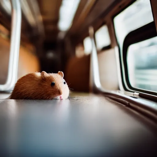 Image similar to photo of a train interior, a brown hamster is sitting on a seat in a train, various poses, unedited, soft light, sharp focus, 8 k