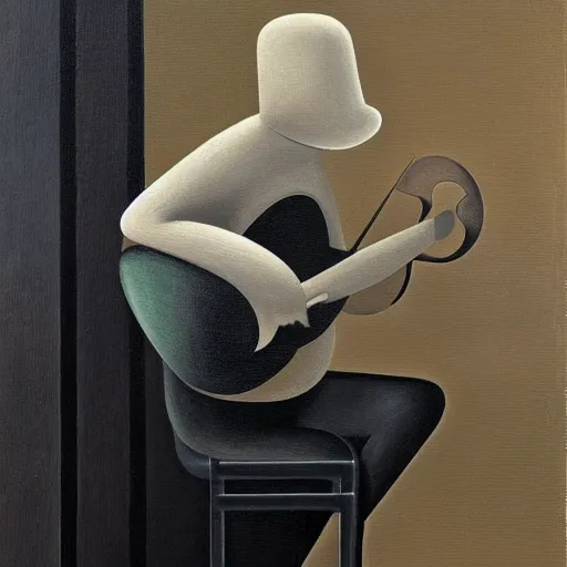 Prompt: a painting of a man playing the guitar by gertrude abercrombie. precisionism, surrealism, dark, low contrast, featured on pixiv, art on instagram, detailed painting