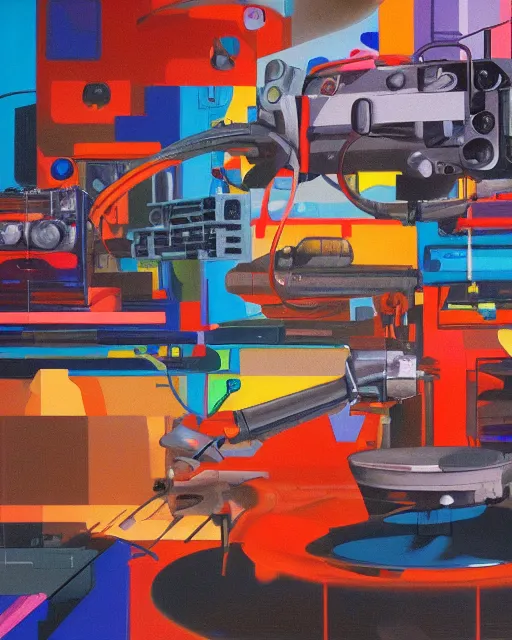 Image similar to retro technology, 9 0 s colors and shapes, wayne barlow, oil on canvas, deep depth of field, masterpiece, cinematic composition, hyperdetailed