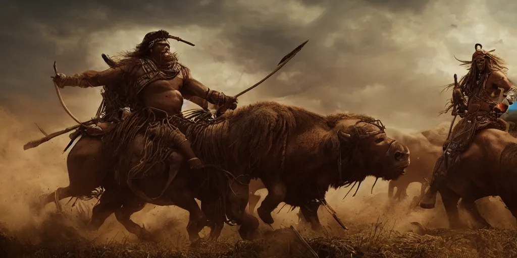 Image similar to an ancient tribesman driving an ancient motorcycle, hunting bisons ,attacking, chase, action scene, an epic fantasy, dramatic lighting, cinematic, establishing shot, extremely high detail, photorealistic, cinematic lighting, artstation, octane render, western,old photo, vintage