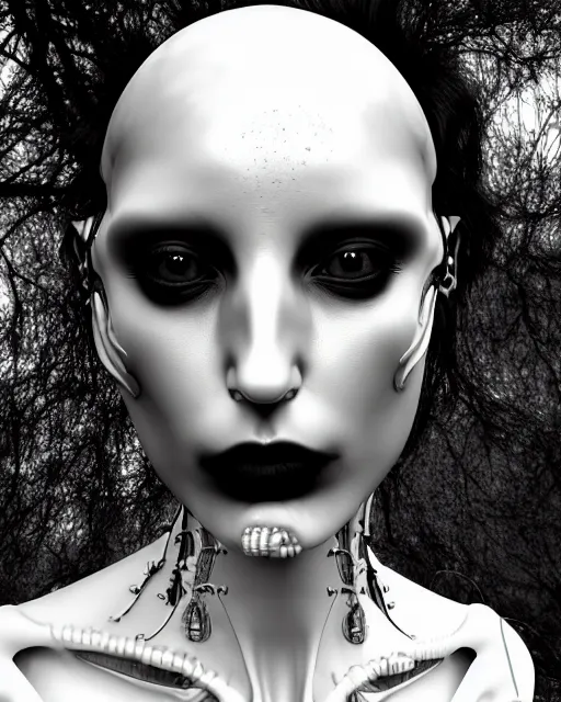 Image similar to black and white dreamy foggy smoky profile face portrait, one silver steampunk realistic eye biomechanical beautiful young female cyclope - cyborg - robot bust, body ribs meshes,, volumetric light, hibiscus flowers, by hg giger, rim light, by dora maar and cecile beaton, big gothic fashion pearl embroidered collar, 8 k