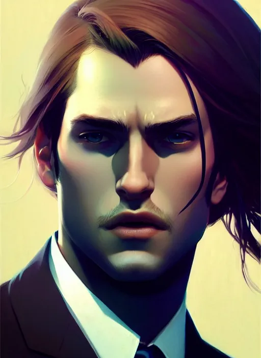 Image similar to a man in his twenties, handsome, long hair, suit ， perfect face, symmetric eyes, sharp focus, specular reflection, occlusion shadow, artstation, by ilya kuvshinov and jeremy lipking, light novel cover art, 3 d epic illustrations, symmetric body