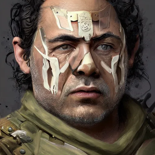 Prompt: a professionally painted portrait of Frank Reynolds, clothed in ancient battle armor, olive skin, curly black hair, beautiful bone structure, symmetrical facial features, scar across face, intricate, elegant, digital painting, trending on Artstation, concept art, smooth, sharp focus, illustration, from Metal Gear by Ruan Jia and Mandy Jurgens and Artgerm and and william-adolphe bouguerea, award winning