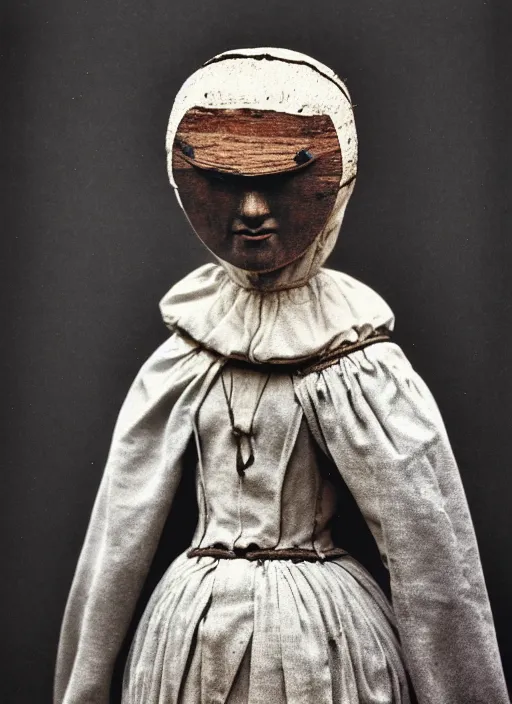 Image similar to realistic photo of a a medieval antique old wooden of a girl doll sculpture dressed white spherical hat helmet, covered in eyes pattern, greyscale grain 1 9 9 0, life magazine photo, natural colors, metropolitan museum, kodak