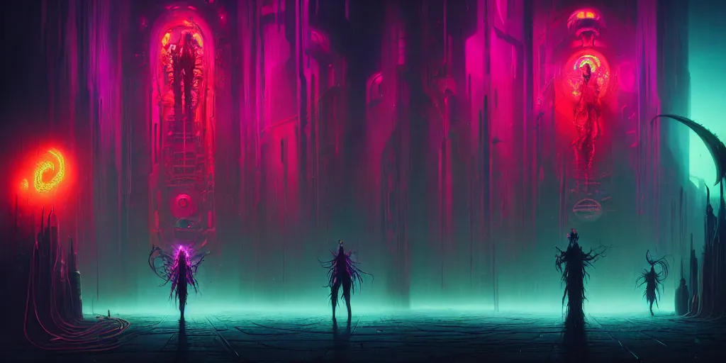 Prompt: cyberpunk witches battling cthulu lovecraftian aliens, neon colors, concept art by zdzislaw beksinski, cinematic, key art, high quality, hyper realism, high detail, octane render