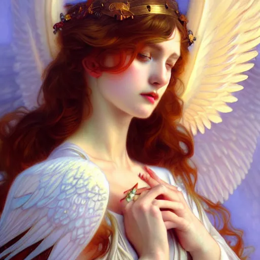 Image similar to Winged girl angel, fantasy, intricate, elegant, highly detailed, digital painting, artstation, concept art, smooth, sharp focus, illustration, art by John Collier and Wenqing Yan and Alphonse Mucha