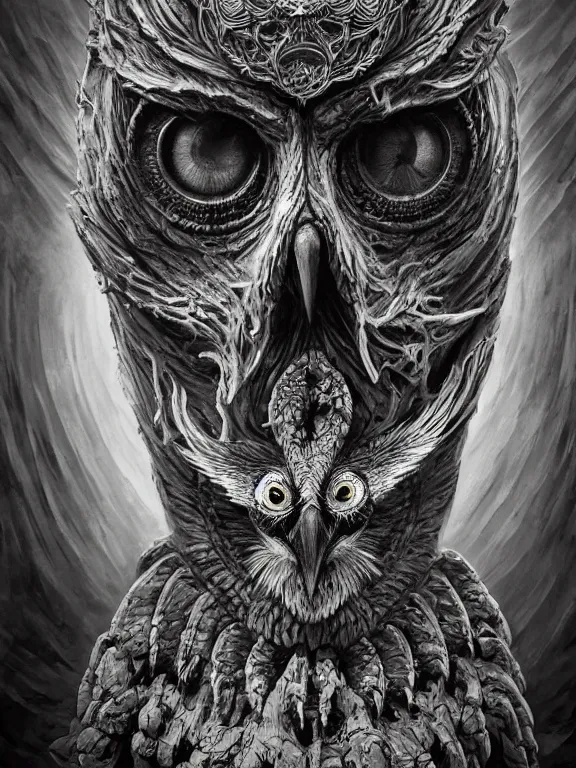 Prompt: a beautiful hyper realistic detailed matte painting showing an old totem of the old owl, a strange and oppressing statue who seems to intensely watch you, lovecraftian style, dramatic lighting, dynamic lighting, cinematic lighting, by maurits cornelis escher, black and white, featured on artstation