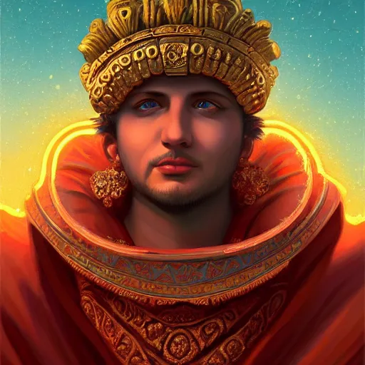 Prompt: detailed portrait of emperor nero, old roman style, non - reflective blue neon cloak, decorated with traditional roman ornaments by rhads, makoto shinkai cyril rolando, madgwick illustrated, perfect face, fine details, realistic shaded, fine - face, pretty face