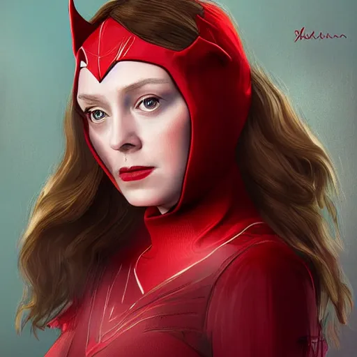 Image similar to A portrait of elizabeth in scarlet witch costume, cinematic, digital art, amazing detail