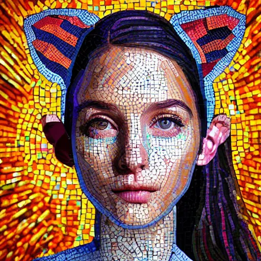 Image similar to mosaic portrait of a beautiful cute young girl with robot ears, 4k, intricate details, digital, sun in the background