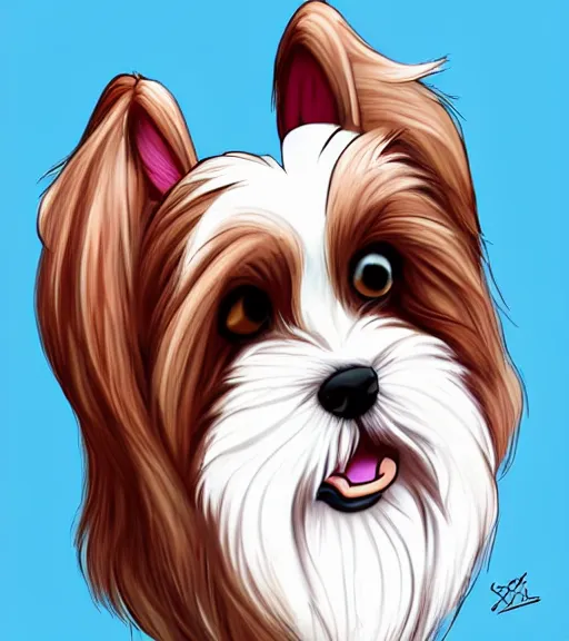 Prompt: small white shihtzu maltese mix dog in nc state stadium smiling full color digital illustration in the style of don bluth, artgerm, artstation trending, 4 k