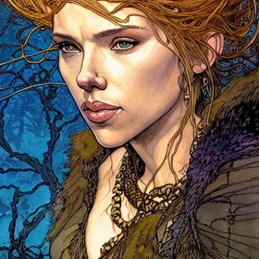 Image similar to a realistic, very beautiful and atmospheric portrait of scarlett johansson as a druidic warrior wizard looking at the camera with an intelligent gaze by rebecca guay, michael kaluta, charles vess and jean moebius giraud