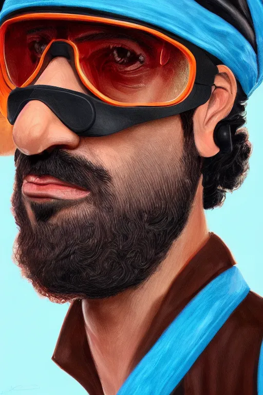 Prompt: closeup painting of mo salah, wearing light blue shutter shades and a dark brown leather jacket, one side haircut, long brown hair with light blue ends, portrait, hyperdetailed, artstation, cgsociety, 8 k, synthwave by tangerine dream