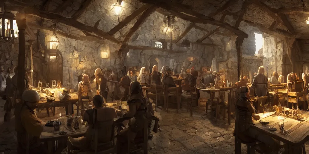 Image similar to an medieval tavern created movie directed by director Roy Andersson movie by artgem lau , WOP, Andrey Surnov, Jessica Rossier, cgsociety, 8k