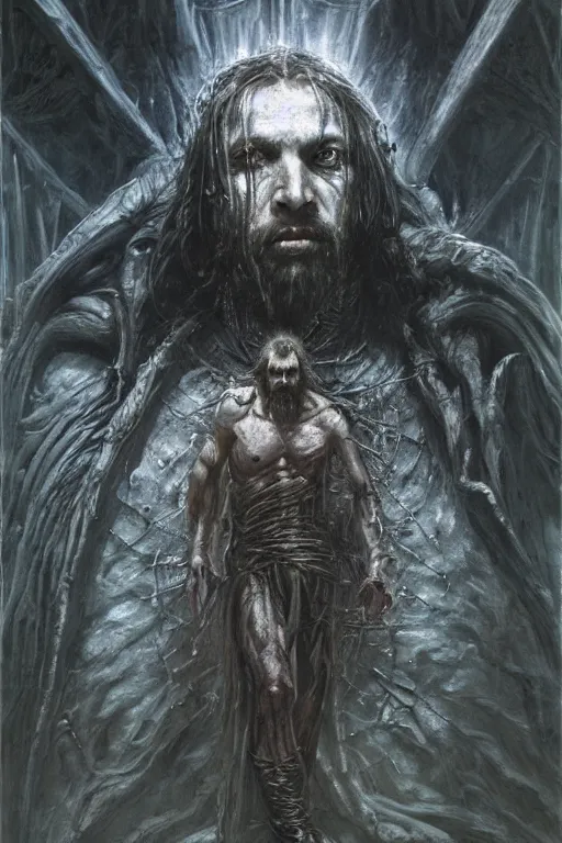 Image similar to portrait of jesus christ by hr giger, greg rutkowski, luis royo and wayne barlowe as a diablo, resident evil, dark souls, bloodborne monster