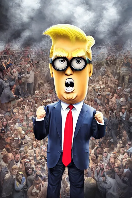 Image similar to trump with blond hair as a minion standing in front of a riot, sketch, intricate, portrait, 8 k highly professionally detailed, hdr, cgsociety
