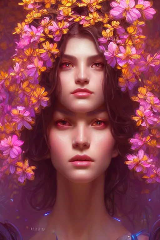 Prompt: beautiful female android!, half portrait, neon flowers, intricate detailed environment, cell shaded, floro details, intricate, elegant, highly detailed, digital painting, artstation, concept art, smooth, sharp focus, illustration, art by artgerm and greg rutkowski and alphonse mucha