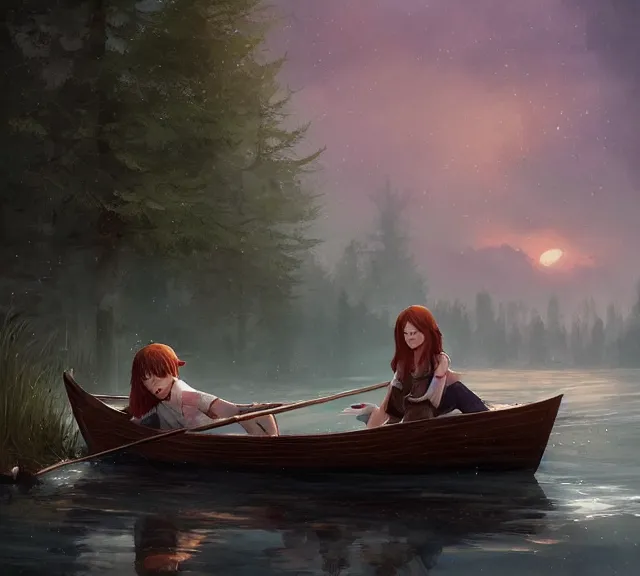 Image similar to a boy and a girl with long flowing auburn hair sitting together on the rowboat. Atmospheric lighting, long shot, romantic, boy and girl are the focus, trees, river. details, sharp focus, illustration, by Jordan Grimmer and greg rutkowski, Trending artstation, pixiv, digital art