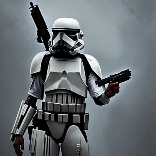 Image similar to an extremely long shot of an imperial stormtrooper in battle position ready to shoot his blaster concept art by Doug Chiang cinematic, realistic painting, high definition, very detailed, extremely high detail, photo realistic, concept art, the Mandalorian concept art style