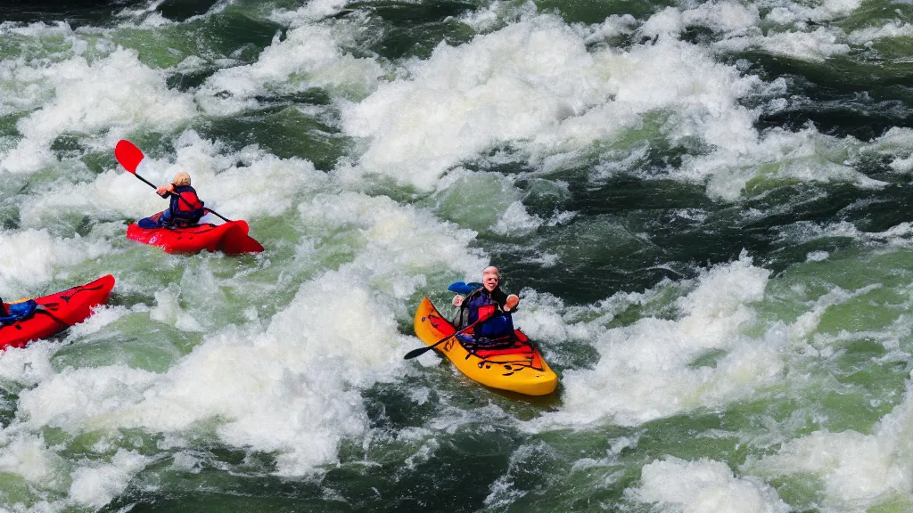 Prompt: a pair of kayakers shoot the rapids in the Colorado river, crashing waves, 35mm DSLR, photorealistic, 4k