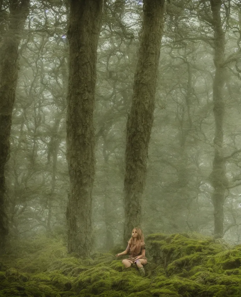 Image similar to dartmoor forest, cute female moth winged sprite creature, near camera, cinematic, bloom, cinematography, fog, magical