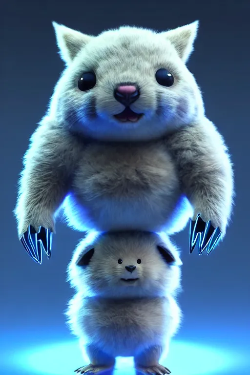 Image similar to high quality 3 d render sci - fi very cute mecha with head of fluffy! wombat!! dancing, highly detailed, unreal engine cinematic smooth, in the style of detective pikachu & blade runner, hannah yata charlie immer, dark blue neon light, low angle, uhd 8 k, sharp focus