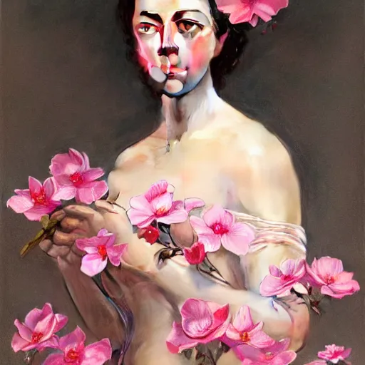 Prompt: pink petals with a ahape of a wonderful aubrey plaza, intricate, elegant, highly detailed, wonderful eyes, sweet, digital painting, artstation, concept art, smooth, sharp focus, illustration, art by artgerm and greg rutkowski and alphonse mucha and william - adolphe bouguereau