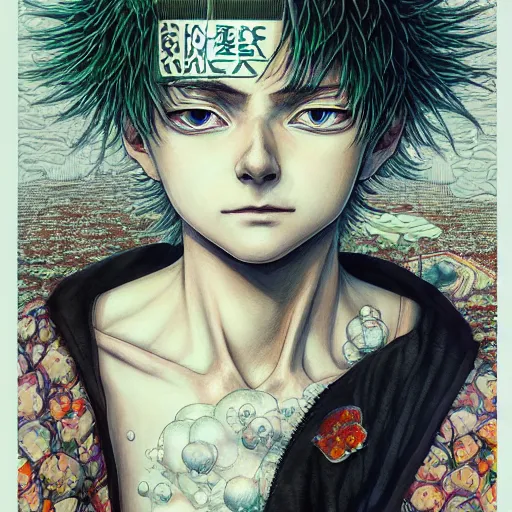 Image similar to beautiful portrait of killua zoldyck painted in jacek yerka aykut aydogdu and leslie zhang style drawn by vania zouravliov and takato yamamoto, inspired by cyberpunk, intricate acrylic gouache painting, high detail, sharp high detail, artstation, manga and anime