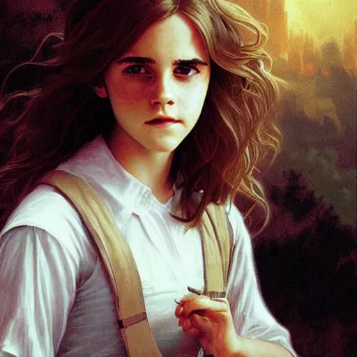 Image similar to painting. [ young ] emma watson as hermione granger 2 0 0 4. prisoner of azkaban. cheerful. happy. art by artgerm and greg rutkowski and alphonse mucha. during golden hour. extremely detailed. beautiful. 4 k. award winning.