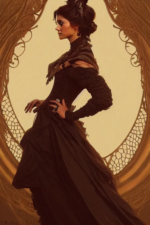 Image similar to Nina Dobrev dressed in a victorian fashion, D&D, fantasy, intricate, elegant, highly detailed, digital painting, artstation, concept art, matte, sharp focus, illustration, art by Artgerm and Greg Rutkowski and Alphonse Mucha