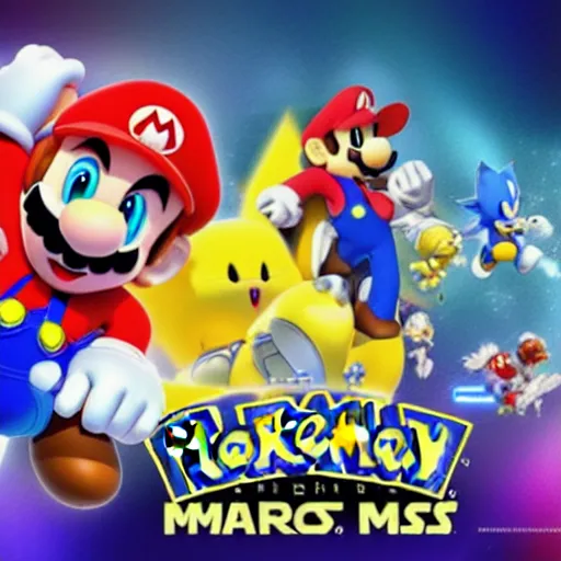 Image similar to super mario, kirby, sonic the hedgehog, super smash bros, star wars themed movie poster high detail accurate eyes and good gesture poses, pokemon anime cartoon style