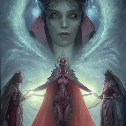 Image similar to female acolytes around demonic summoning circle summoning a demon knight. incredible detail. by tom bagshaw and by magali villeneuve and by wlop