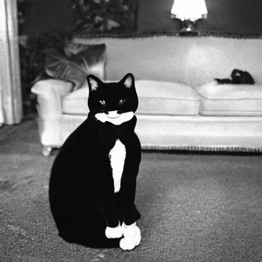 Image similar to photograph of a very fat and judgmental cat wearing a full tuxedo sitting in a dimly lit parlor lounge