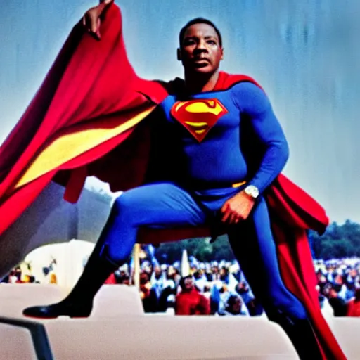 Prompt: UHD color candid photo of Martin Luther King Jr. as Superman, accurate face UHD photorealistic correct face photo by Annie Leibowitz
