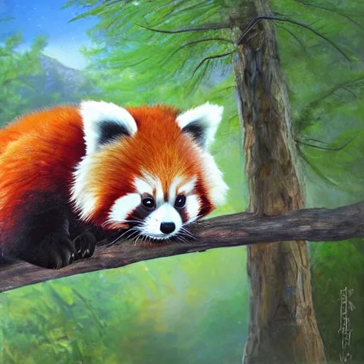 Prompt: cute fluffy baby red panda sitting in forest, detailed painting 4k in the style of mark brooks